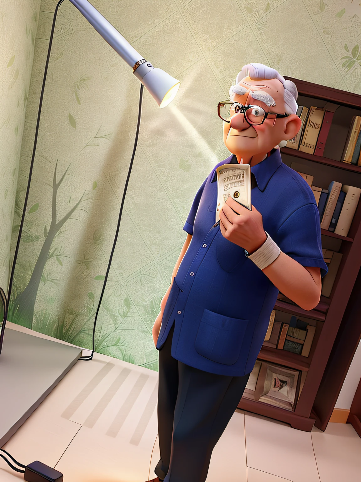 A wise old man standing in front, illuminated by the light of a lamp, against the backdrop of a library