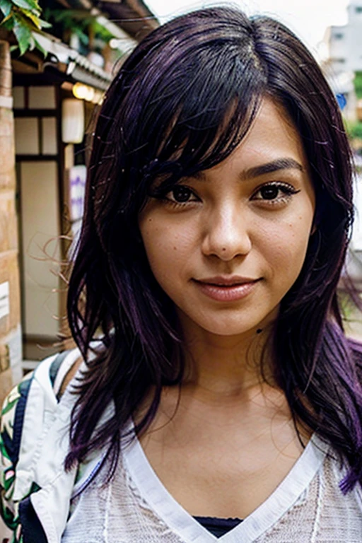 MIXED RACE GIRL BETWEEN JAPANESE AND BRAZILIAN WITH PURPLE HAIR FRONT FACE PHOTO