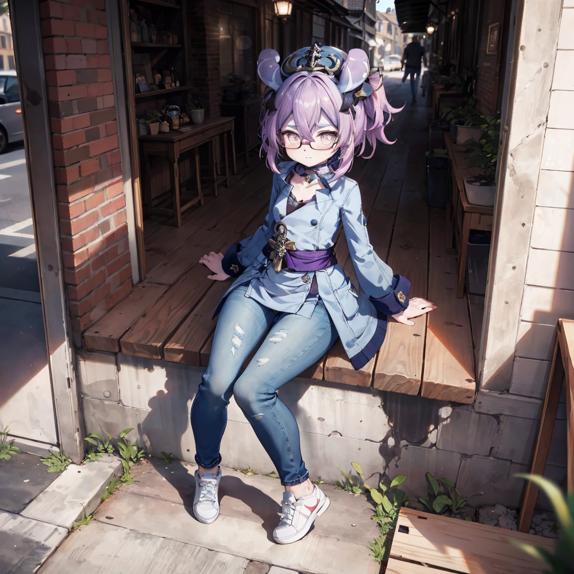 Melousine|genshin impact, masterpiece, bestquality,3 girl,young girl, Long Jeans,  Wear glasses, purple hair color, long hair ponytail,unstable _Front,oily shiny skin,flat chest,nice leg line:1.3,thick thighs, thin-waist,, red_streaks_light_wrap_dress, white_platform_sneakers, woven_El_bag, straw_headgear, gold_hoop_earrings, jacket, In a 19th century French town, long jeans city scenery,looking at the audience,From Top:1.2,dynamic angle