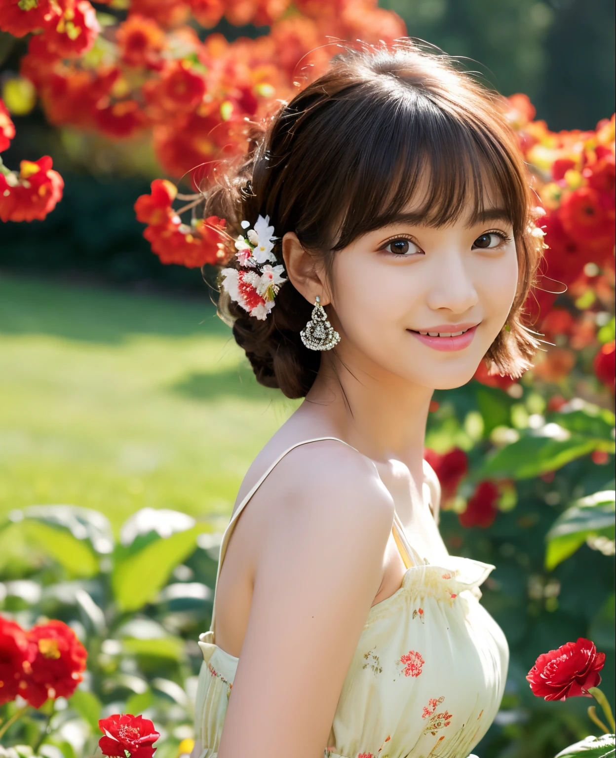 ((Masterpiece)), 8k, highest quality, 1 girl, solo, realistic, garden, photorealistic, super detailed, detailed background, (solo: 1.4), wearing a simple dress, happy expression, Slender body, realistic and detailed half hair, intricate details, masterpiece, top quality, waist shot, ((background of field with red flowers)), smile, ((looking at camera)), earrings, asymmetrical bangs, natural chest ,