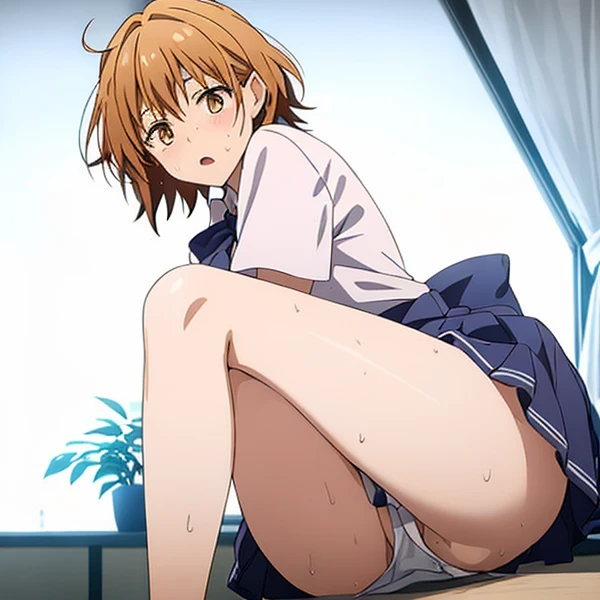 blushed、(Female 1、Japan school uniform、panty shot、sit with curled under)、Angle from below、short-hair、full body Esbian、feminine breasts、ligh brown hair、(masutepiece, Best Quality)、 Shiny skin、(1girll: nase, Naughty blush, Sweat flows))