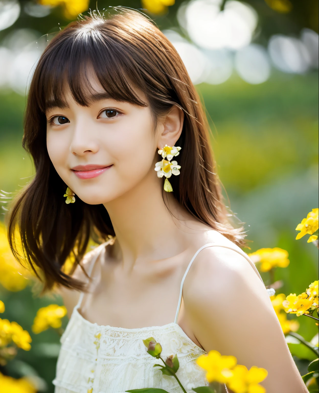 ((Masterpiece)), 8k, highest quality, 1 girl, solo, realistic, garden, photorealistic, super detailed, detailed background, (solo: 1.4), wearing a simple dress, happy expression, Slender body, realistic and detailed half hair, intricate details, masterpiece, top quality, waist shot, ((background of field with yellow flowers)), smile, ((looking at camera)), earrings, asymmetrical bangs, natural chest ,
