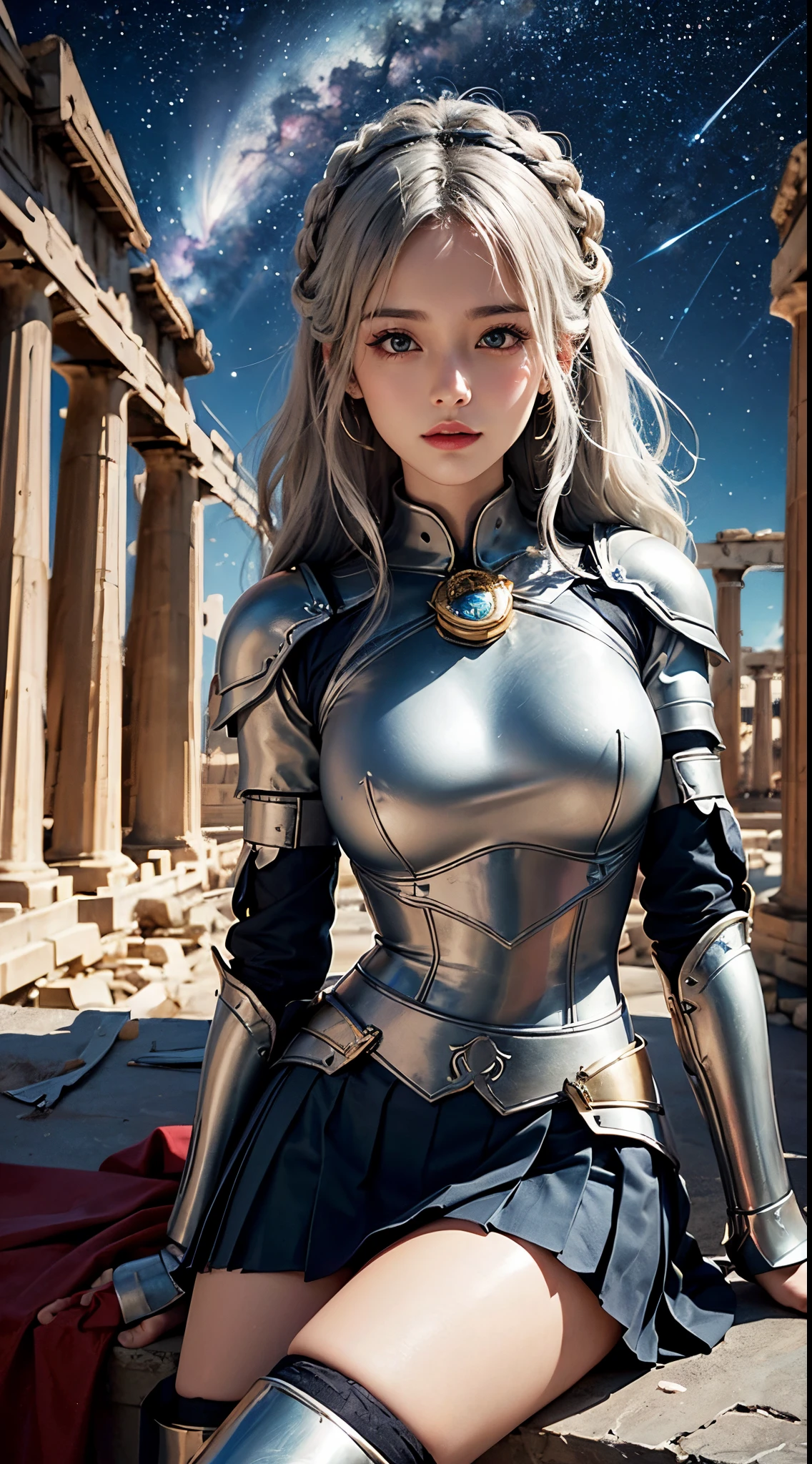((masutepiece)), (((Best Quality))), ((Ultra-detailed)), ((Illustration)), ((disheveled hair)), Beautiful detailed eyes, (1girl in:1.2), (Solo), ((( with the Parthenon in the background))), (( leaning against the pillar)), ((( A woman holding a large sword, Flamberge ))) Dynamic Angle, (( woman wearing breastplate armor )), (black kneehighs:1.1), (Starry tornado:1.4), starry nebula, ((frilld)), Beautiful detailed sky, (Beautiful detailed eyes), Seductive smile, hairs between eyes, White hair, Green Pleated skirt, ((dishevled hair)), 20 years old,