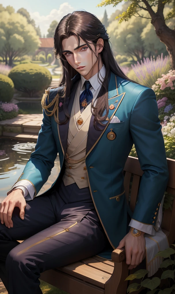 Painted anime masterpiece. Young royal prince. Handsome. Blue eyes. Long dark hair that flows past his shoulders. Toned upper body. Dark blue blazer with gold adornments. White shirt underneath. Expression is calm and relaxed. Sitting outside in a garden. Trees in background. Pond in background.