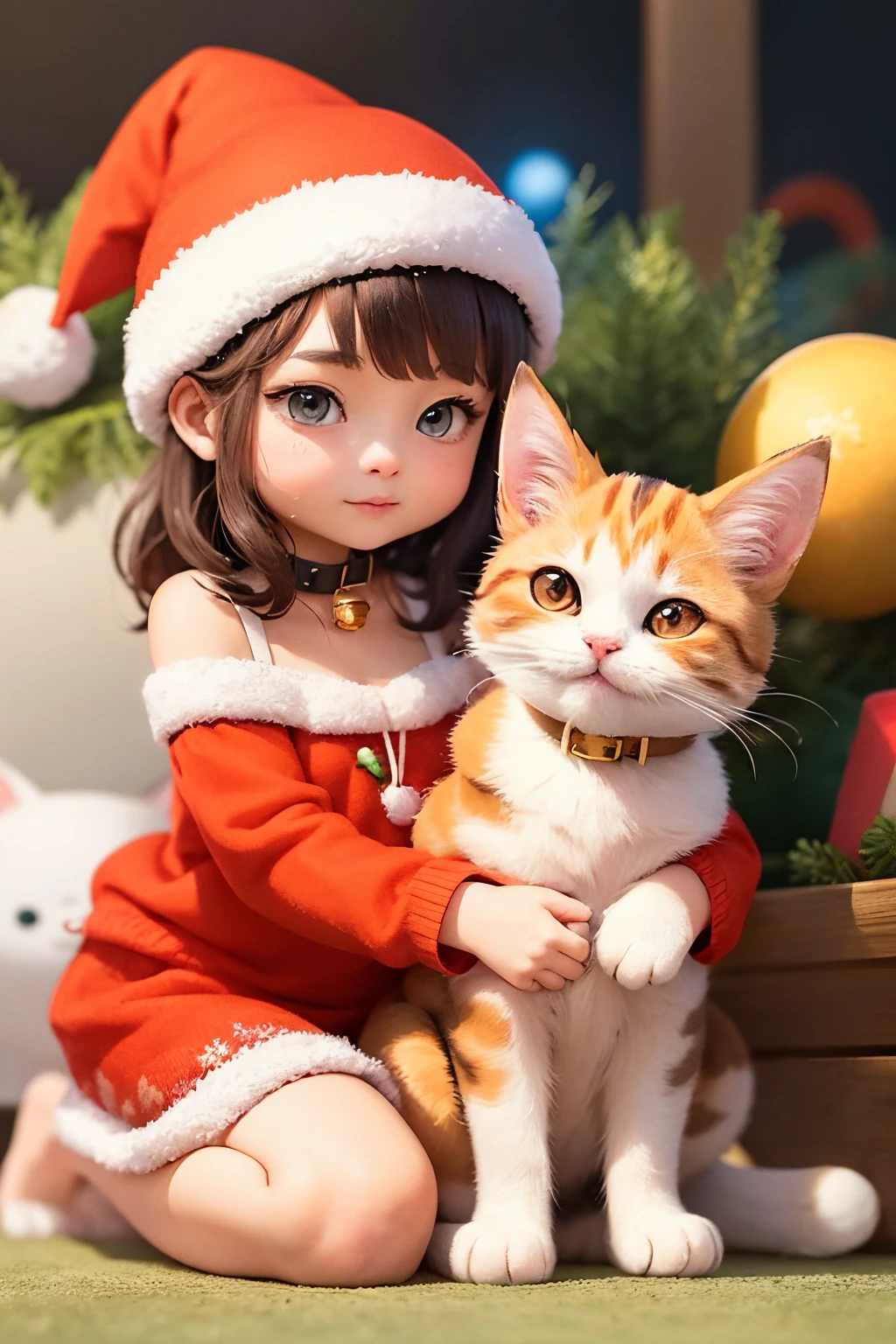 3D vector art、Calico cat、cat is wearing a christmas hat、cat has a bell'Collar、 cute christmas present, the cat is fluffy、Ultra-realistic high quality, Cute and quirky, Fantasy Art, Watercolor effect、girl hugging a cat