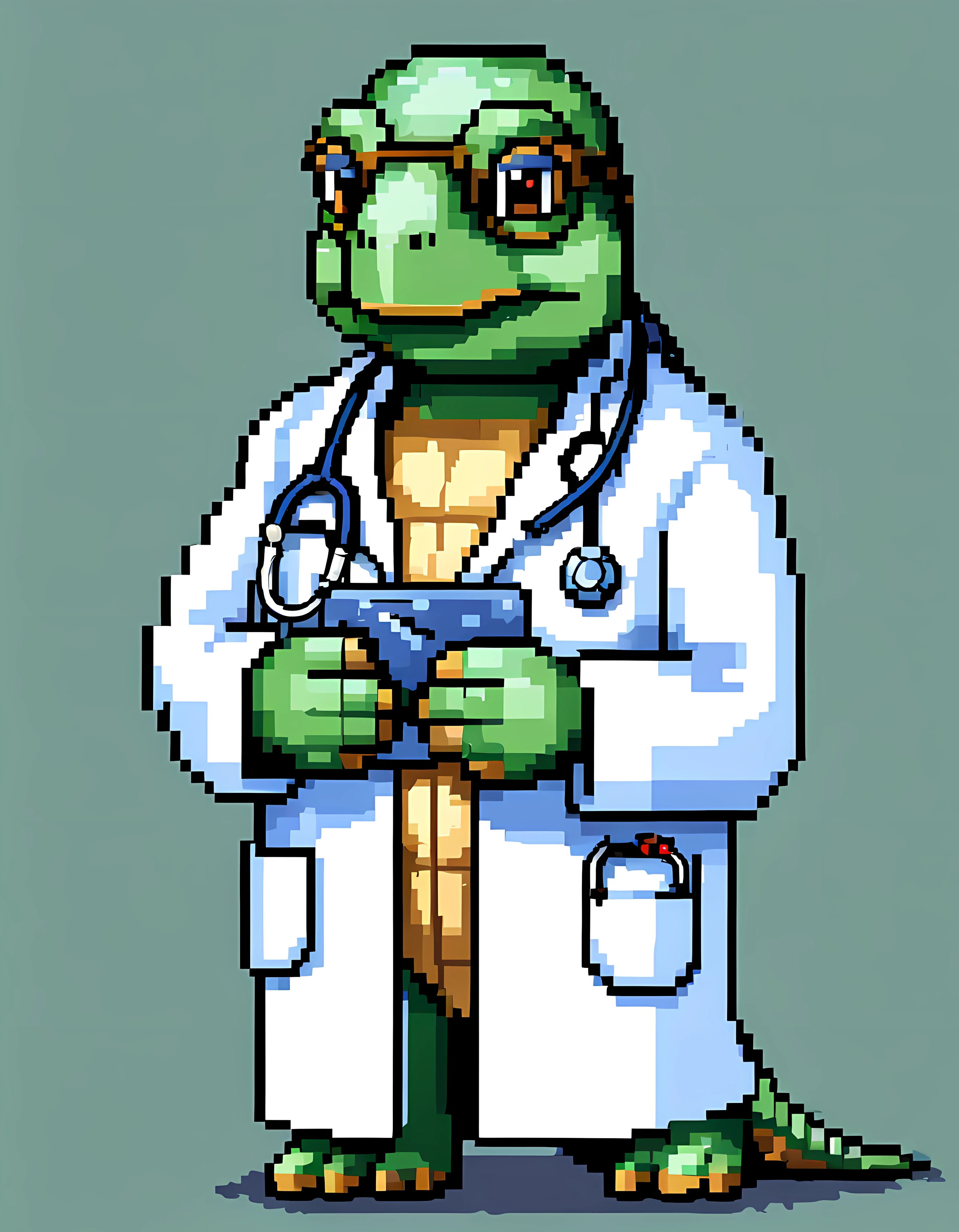 (pixel art:1.3), (solo:1.3), ((highly intelligent turtle doctor)) adorned in a white lab coat and stethoscope, the doctor's clinic is a sanctuary of healing and compassion