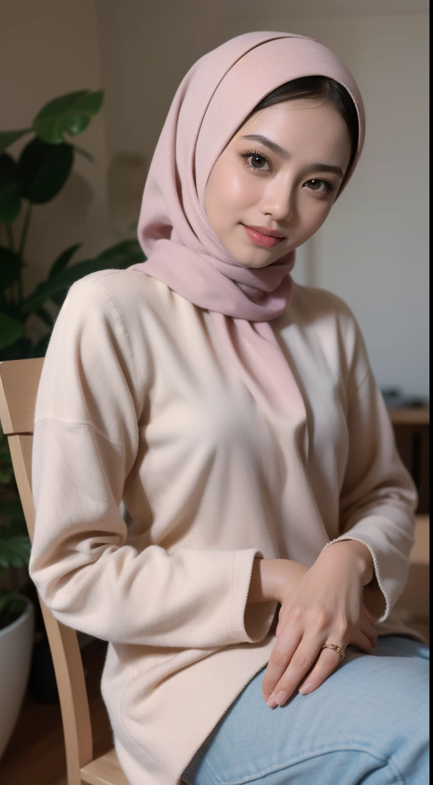 Malay girl in hijab wear big oversized loose blouse and high waist loose cotton pants, pastel color, seating, wear back pack, front view, detail skin, detail skin texture, mole below eyes, small breast, big hip, big waist, big thigh, slim abs, beautiful body, evening, laughing, happy, bright lighting, blur background, bokeh,Super 8mm lense, Extreme close-up, deep focus cinematography effect, Natural Lighting, pastel color grading, high quality, ultra detail, 8k resolution