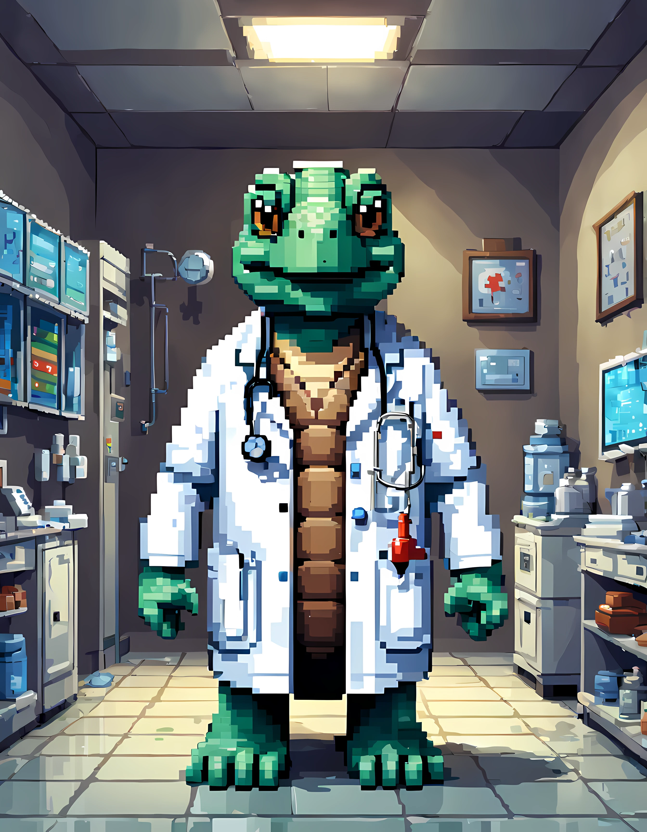 (pixel art:1.3), (solo:1.3), ((highly intelligent turtle doctor)) adorned in a white lab coat and stethoscope, the doctor's clinic is a sanctuary of healing and compassion