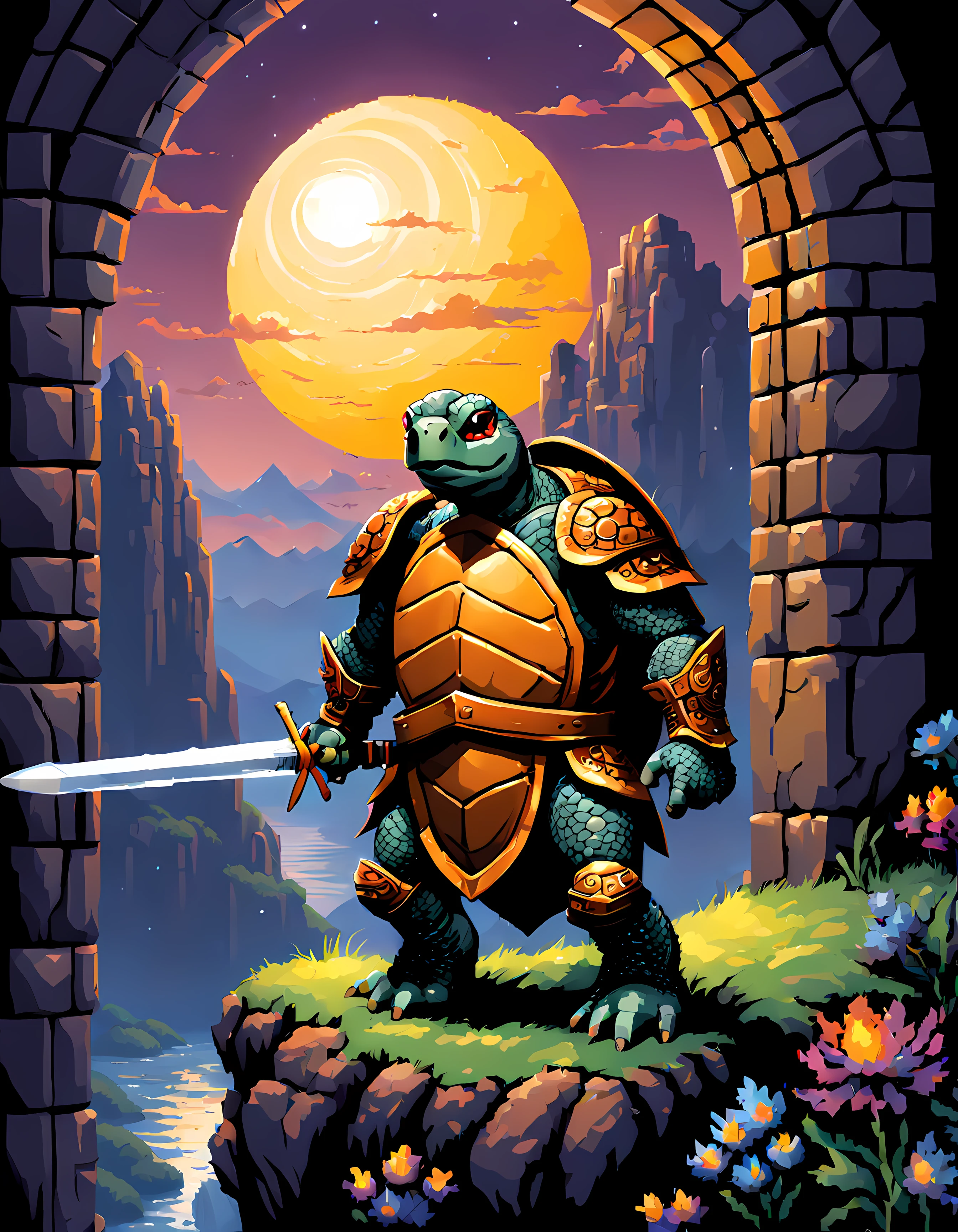 (pixel art:1.3), (solo:1.3), (((brave turtle knight))) stands at the gates of an ancient portal perched on a cliff, overlooks rolling meadows and distant mountains, clad in gleaming armor, carries a sword and shield, as the bright moon casting a otherworldly glow, the knight reflects on their duty to defend the realm from any who would harm it, their gaze remains steadfast, in a realm of chivalry and honor