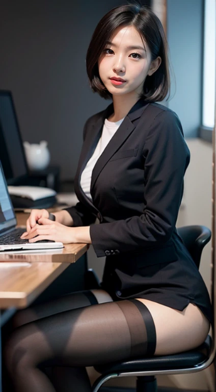 face is :9,1270442595], Elitist and submissive woman sitting at a tied desk, (Bop) safe for work, oppai, Short Layer Hair, Wearing pantyhose、Shibari, 2b, 2 b, Wearing a strict business suit, Tied to a chair, sophisticated gravure idol, Rope Bondage, in a strict suit, ..raw,(in 8K、top-quality、​masterpiece:1.2)、(delicate detail:1.4)、(Photorealsitic:1.4)、octan render、Complex 3D Rendering, ultra-detailliert, Studio Soft Light (Studio Soft Light) (Studio Soft Light (Studio Soft Light)), Rim Light, vibrant detail, super detailing, realistic skin textures, Detail Face, Beautiful detail eyes, Highly detailed CG Unity 16k wallpaper, Makeup-, (Detailed background:1.2),shinny skin、Exposed thighs!!!