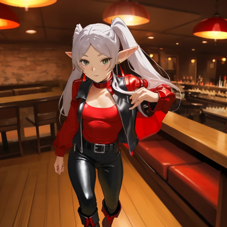 Frieren, twintails, earrings, small tits ,red shirt, open shirt, black leather vest, black leather pants, red boots, restaurant, sexy pose