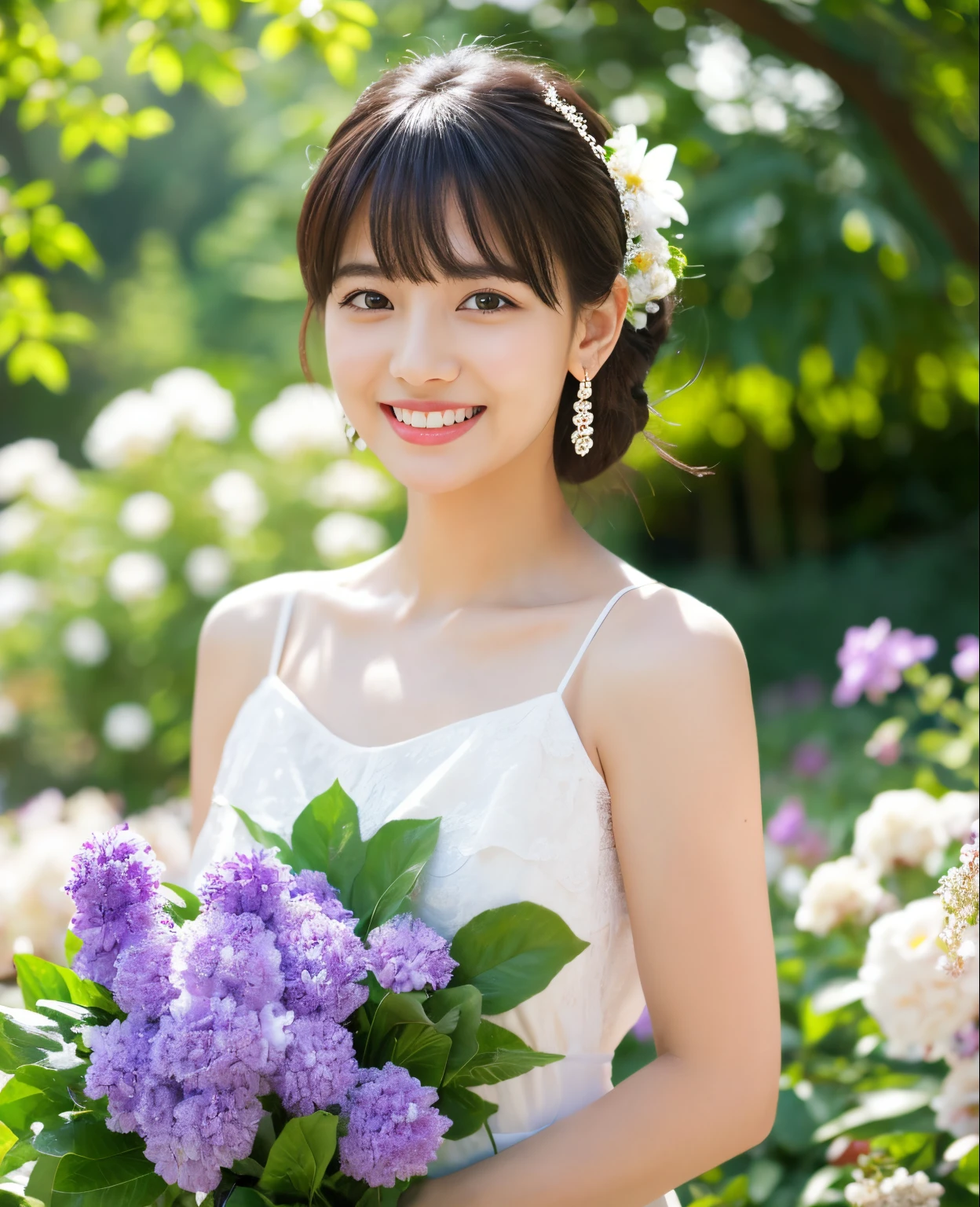 ((Masterpiece)), 8k, Best quality, 1 girl, Solo, Real, Garden, Photorealistic, Super detailed, Detailed background, (Solo: 1.4), Wearing a simple white dress, Happy expression, Slender Body, realistic and detailed half hair, intricate details, masterpiece, top quality, waist shot, ((cottage background with purple flowers)), smile, ((looking at camera)), earrings, asymmetrical bangs, natural chest ,