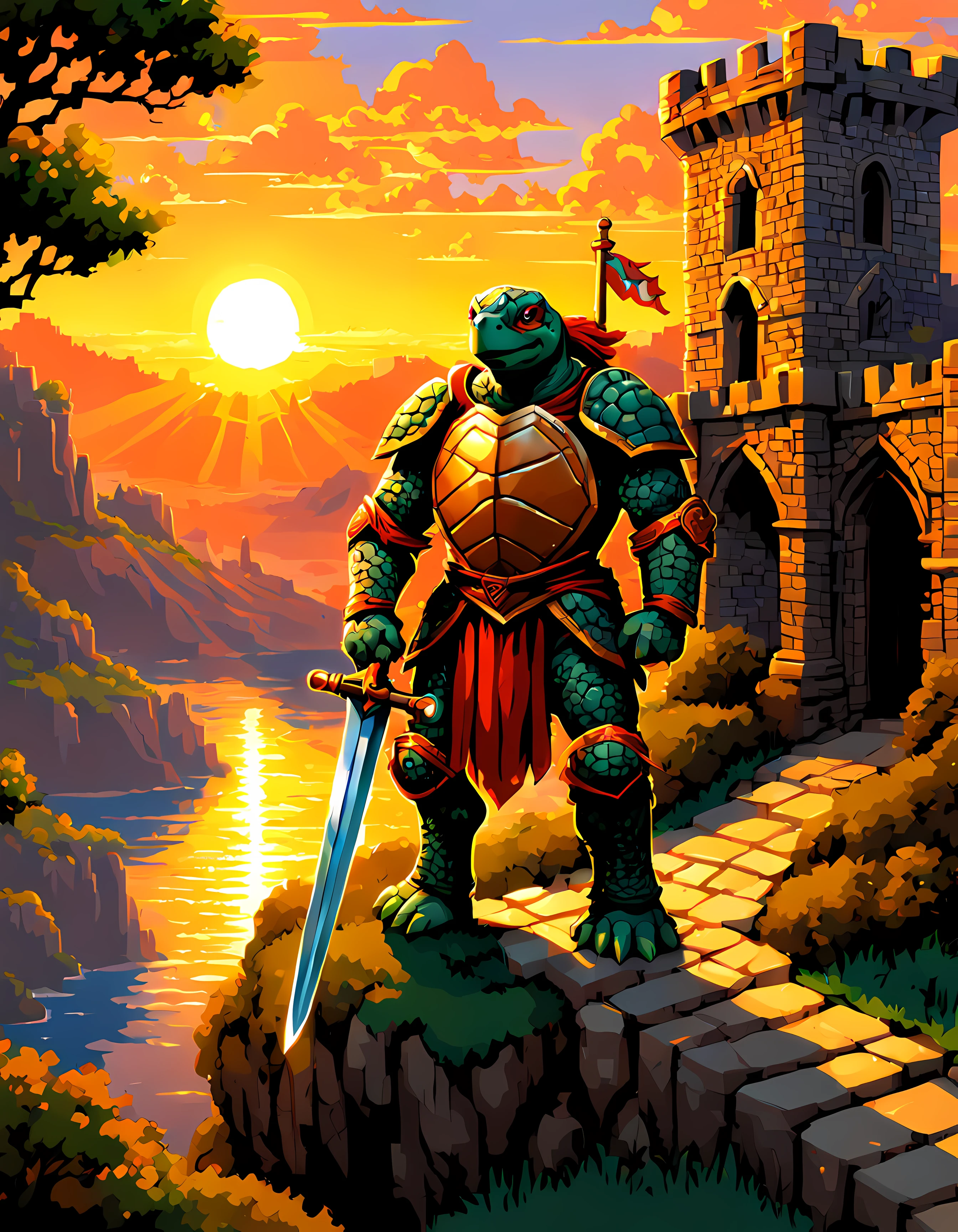 (pixel art:1.3), (solo:1.3), (((brave turtle knight))) stands at the gates of an ancient castle perched on a cliff, overlooks rolling meadows and distant mountains, clad in gleaming armor, carries a sword and shield, as the sun sets casting a warm glow, the knight reflects on their duty to defend the realm from any who would harm it, their gaze remains steadfast, in a realm of chivalry and honor