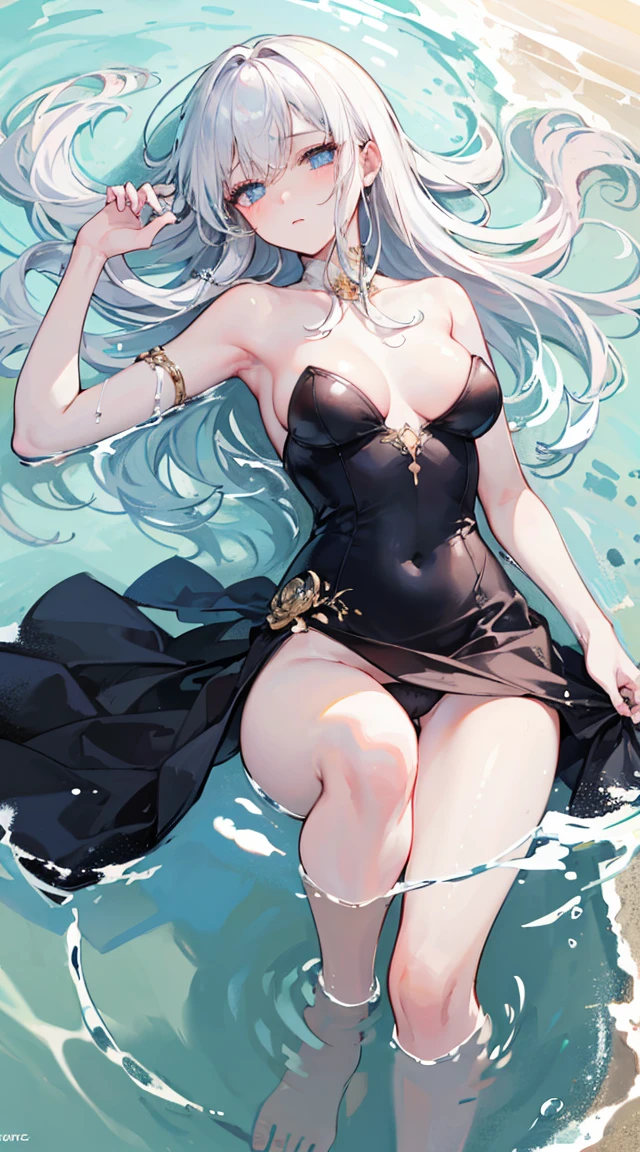 hightquality, (Masterpiece),(of the highest quality),((Longhaire:1.3)),(Solo),wet panties,Hair is wet,(Lying on the surface of the water:1.3),evening,(white hair), ((medium breast)),Nice big dark blue eyes (High detail eyes), 1Girl, mature, adult,Running, Soft skin,,sand beach,Gentle breeze,Sadness look,Blushing with embarrassment,Looking Up, Overhead configuration,Floating Droplets, Lens Flare, Fine Features, Perfect Anatomy, Centered, Perfect distance, Highly detailed, with an intricate, acurate, Highly detailed rich colors, Smooth, Rich colors, acurate, clean, Rich colors, elaborate details, golden ratio illustrations, topless