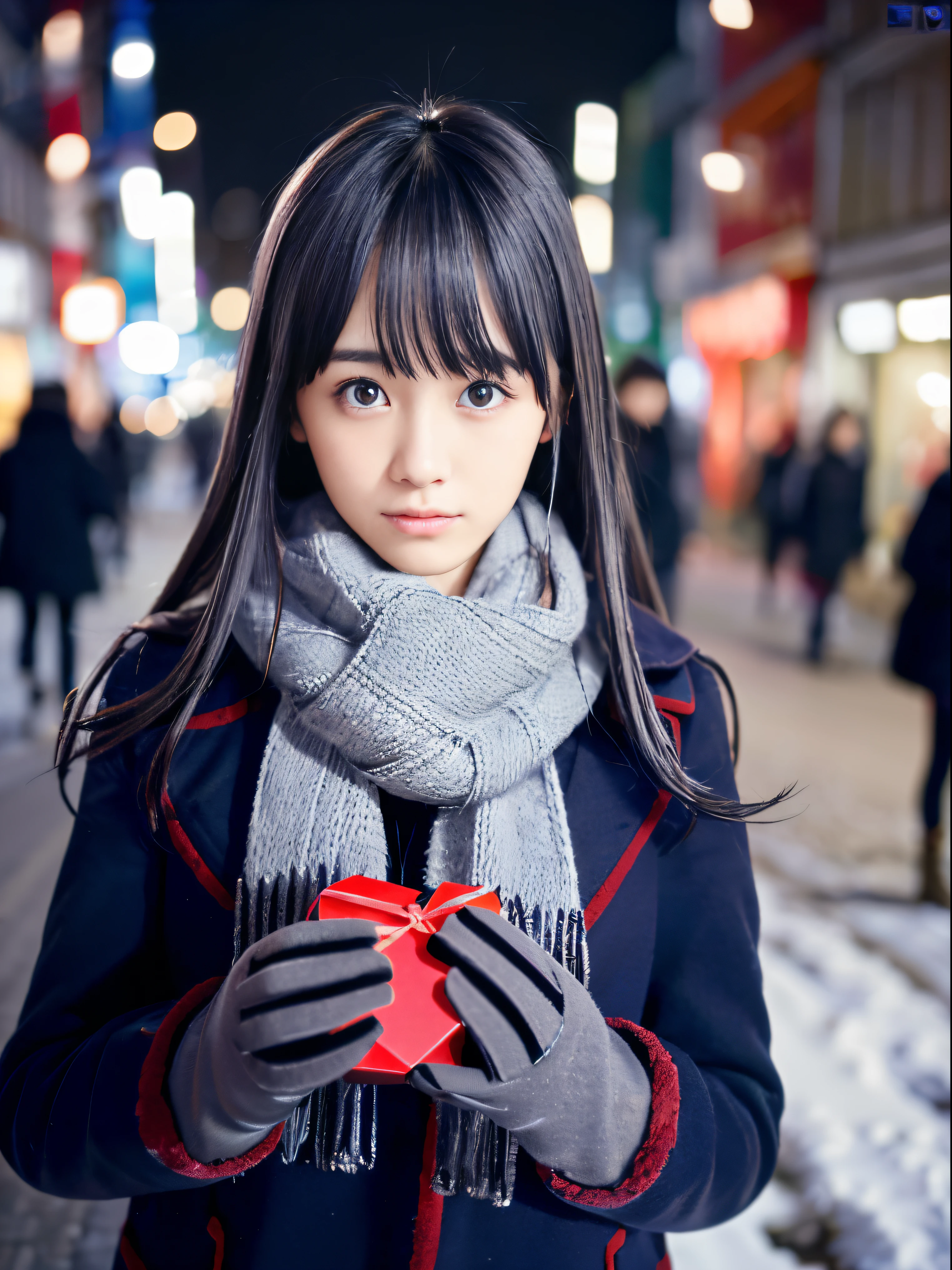 (Close up portrait of dark silver long hair with swept bangs girl in winter coat and scarf:1.5)、(One girl hold a Valentine gift in hands with gloves on the street in Japan at snowy night with sad face:1.5)、( Blurry background,:1.5)、(Perfect Anatomy:1.3)、(complete hands:1.3)、(complete fingers:1.3)、Photorealsitic、Raw photography、masutepiece、top-quality、hight resolution、delicate and pretty、face perfect、Beautiful detailed eyes、Fair skin、Real Human Skin、((thin legs))