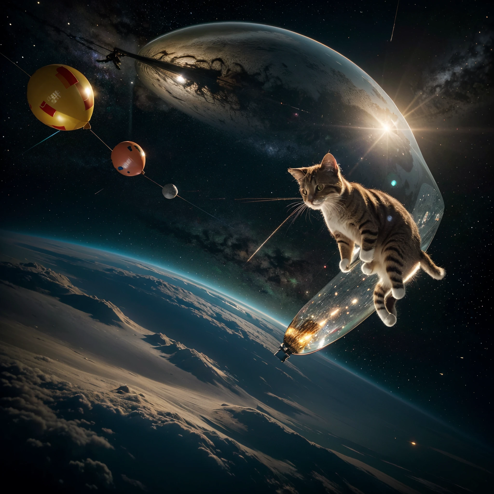 ((Gato)) Hyperdetailed astronaut holding a balloon, Flying through outer space, fundo preto feliz, Alegre, floating in outer space, ....3d, Efeito Pop Art, Detalhe brilhante, fundo preto, 5ABCB9 hexadecimal code colors, 63E2C6, FB6376, 613F75, 0C6291