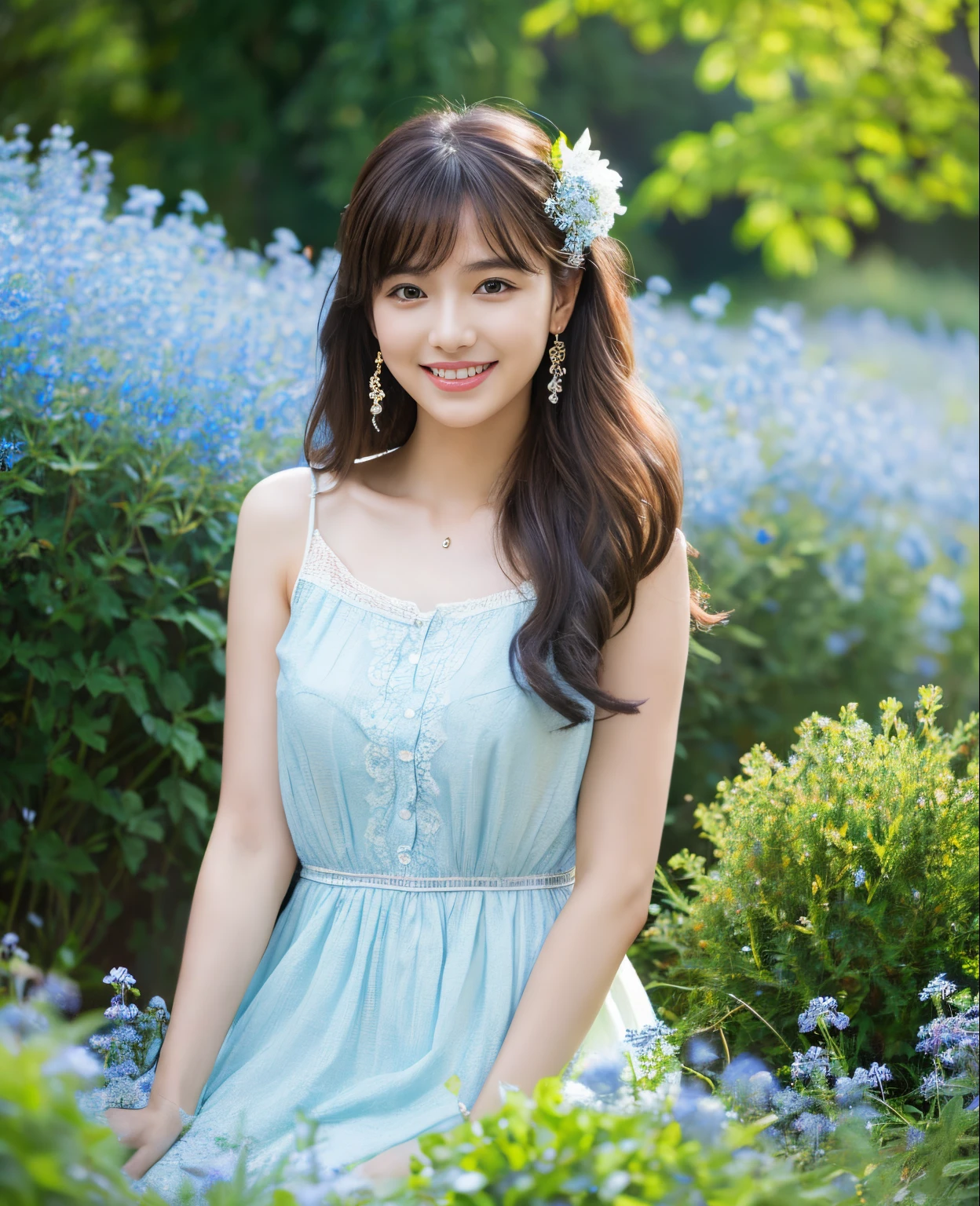 ((Masterpiece)), 8k, highest quality, 1 girl, solo, realistic, garden, photorealistic, super detailed, detailed background, (solo: 1.4), wearing a simple white dress, happy expression, Slender body, realistic and detailed half hair, intricate details, masterpiece, top quality, waist shot, ((background of field with blue flowers)), smile, ((looking at camera)), earrings, asymmetrical bangs, natural chest ,