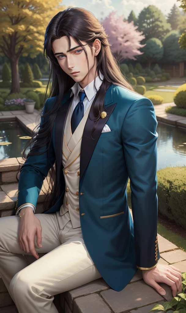 Painted anime manga style. Young royal prince. Handsome. Blue eyes. Long dark hair that flows past his shoulders. Toned upper body. Dark blue blazer with gold adornments. White shirt underneath. Expression is calm and relaxed. Sitting outside in a garden. Trees in background. Pond in background.