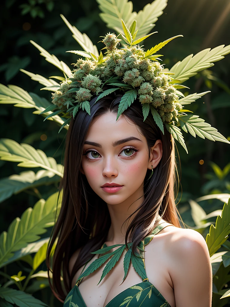 CG art of a beautiful girl, black hair, (marijuana goddess:1.2), (ganja princess:1.1), (marijuana leaf crown:1.2), cute girl, Sam Yang art,
glamor pose, smirk, eyebrow up, 
pastel color, calm tones, 58 mm,
detailed background,
(paint by SamDoesArts:1.3)