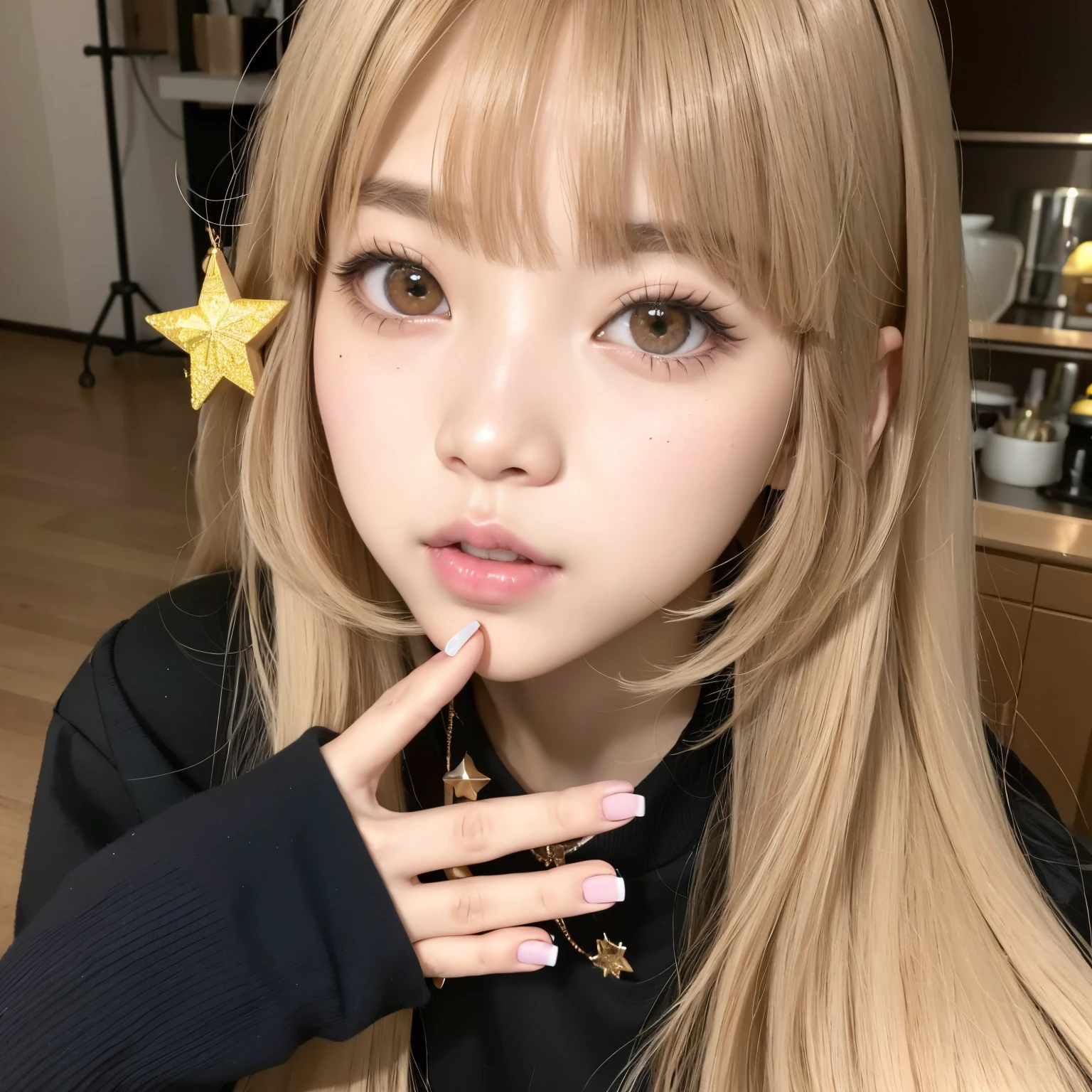 a close up of a person with long hair and a star stick, lalisa manobal, the hime cut, lalisa manoban of blackpink, ulzzang, white hime cut hairstyle, cute natural anime face, neat hair with bangs, with full bangs, shikamimi, with bangs, fluffy bangs, with cute - fine - face