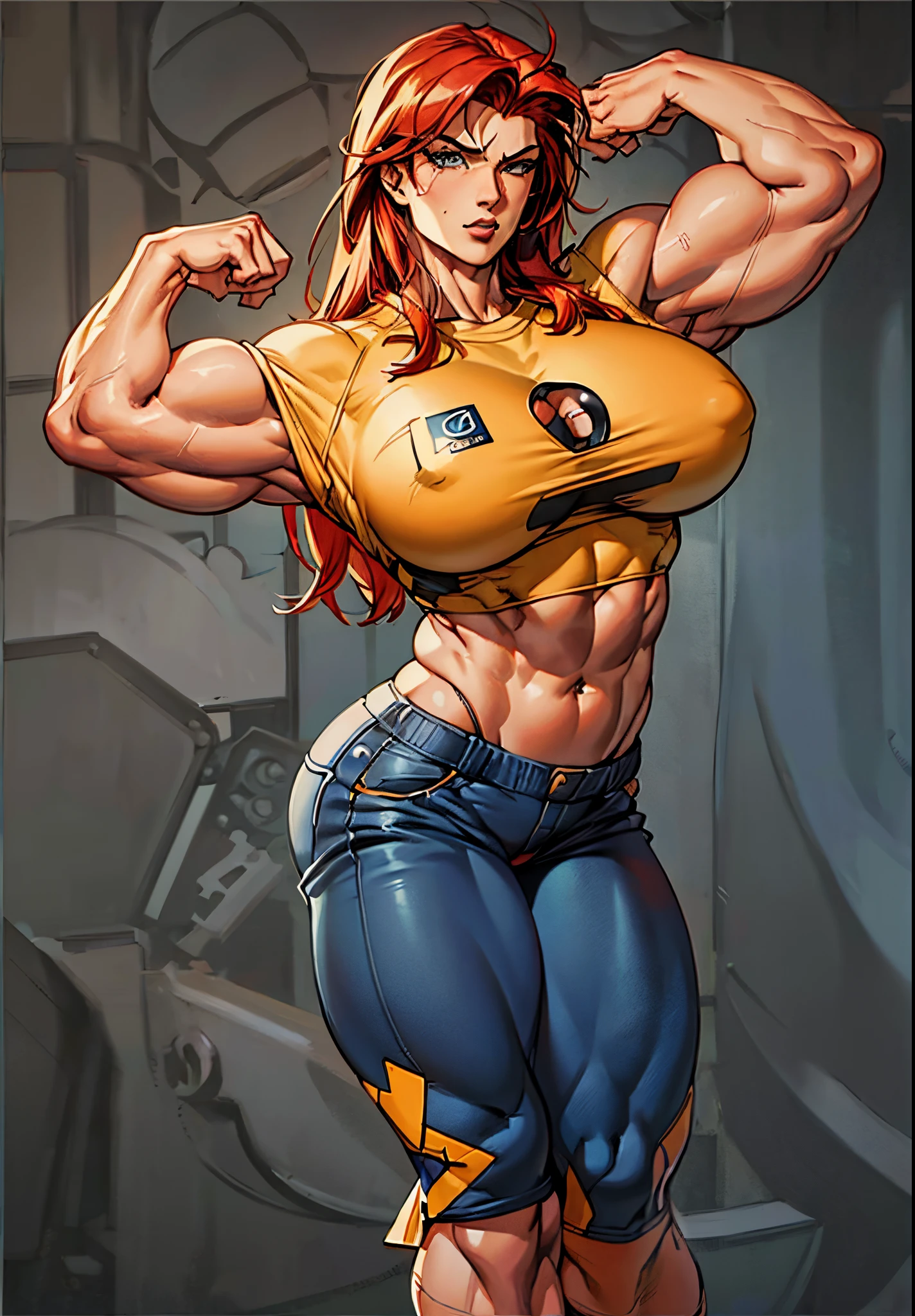 a cartoon of a young red-headed woman with a muscular body and a yellow shirt, Black yoga shorts, muscular girl, muscular character, bursting with muscles, huge muscles, big muscles, massive muscles, large muscles, muscular!!, strong pose, muscular, muscular ultraviolent woman, strong and imposing, strong and muscular, exaggeratedly large physique, big biceps, bodybuilder, muscled, ((((Huge Muscle))))