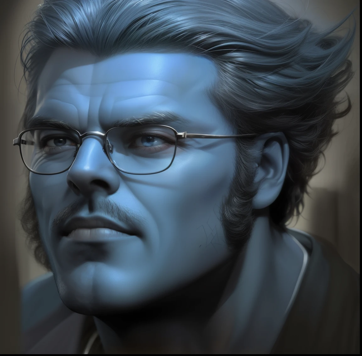 (melhor qualidade, 4k, alta resolução, obra-prima: 1.2), Fera, 1970s X-Men style, charming expression, blue faced man with glasses, iconic character,arte altamente detalhada, personification, retrato expressionista, HDR, sombras, studio illumination, cores vibrantes, powerful presence,atmosfera corajosa, comic book style, detalhes marcantes, foco nítido, ultra-realista, tom de cor azulado