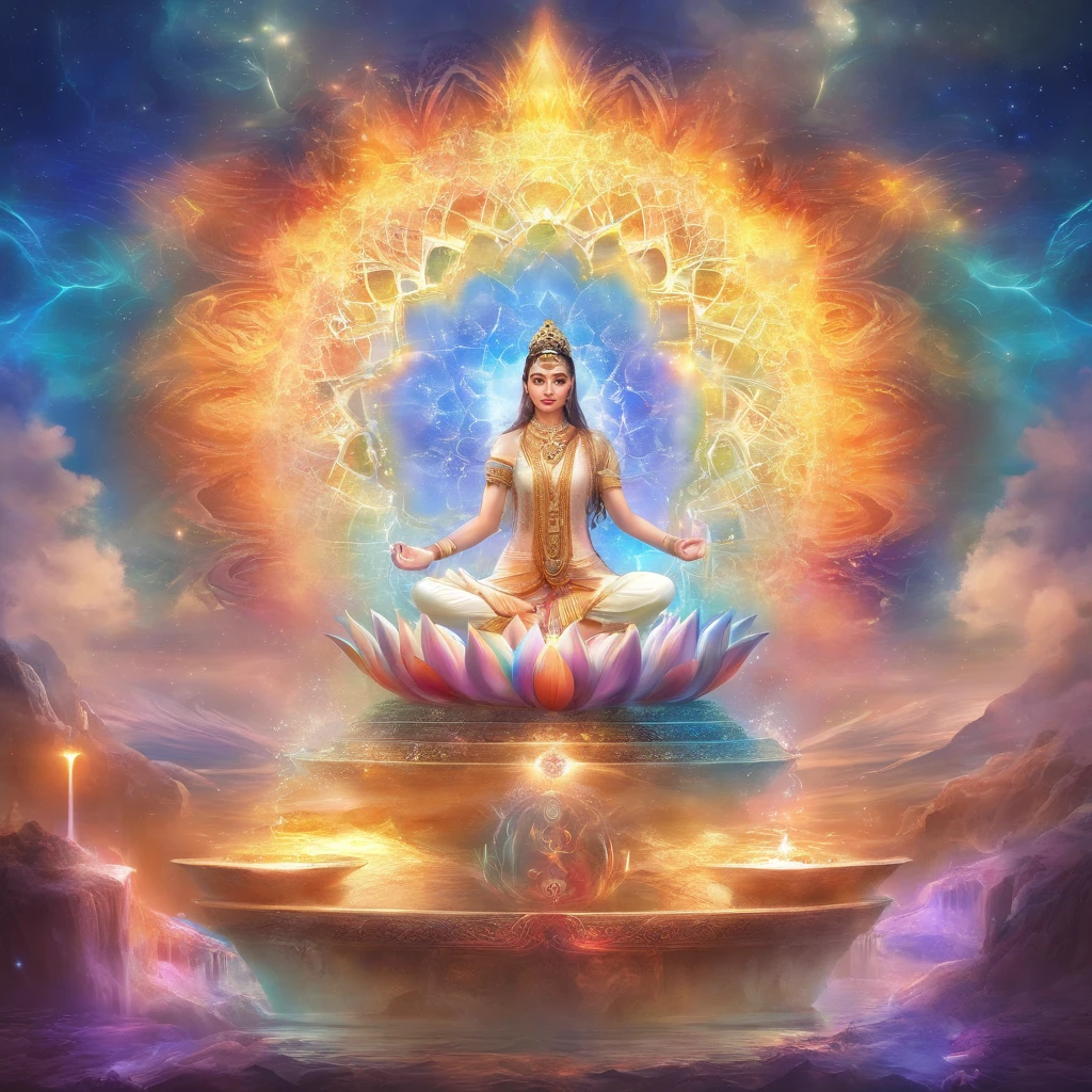 Colorful glow, Yoga position light spectrum with the seven chakras around, vibrante colorsa colorslashh An explosion of colors, Beautiful woman in white sitting on water lilies, complex stuff around, intricate in the background, Spiritual, divine, dreamlike, cosmic, mind blowing, god, pineal gland, dream like, (extremely detailed CG unity 16k wallpaper:1.1), (Denoising strength: 1.45), (tmasterpiece:1.37), hyper realistic, god rays, ray tracing, UHD, award winning