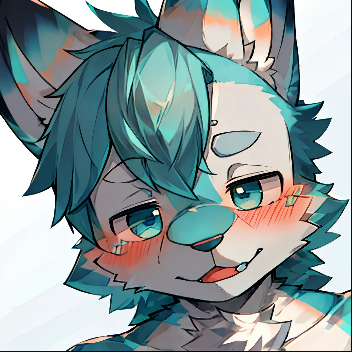 the only person，shaggy male，hairy pubic，aardwolf，canid，White fur，blue colored eyes，fullnude，out your tongue，the shy，There is a blush on the face，The top of the head is blue，cyan ears，The eyes are full of longing，drools