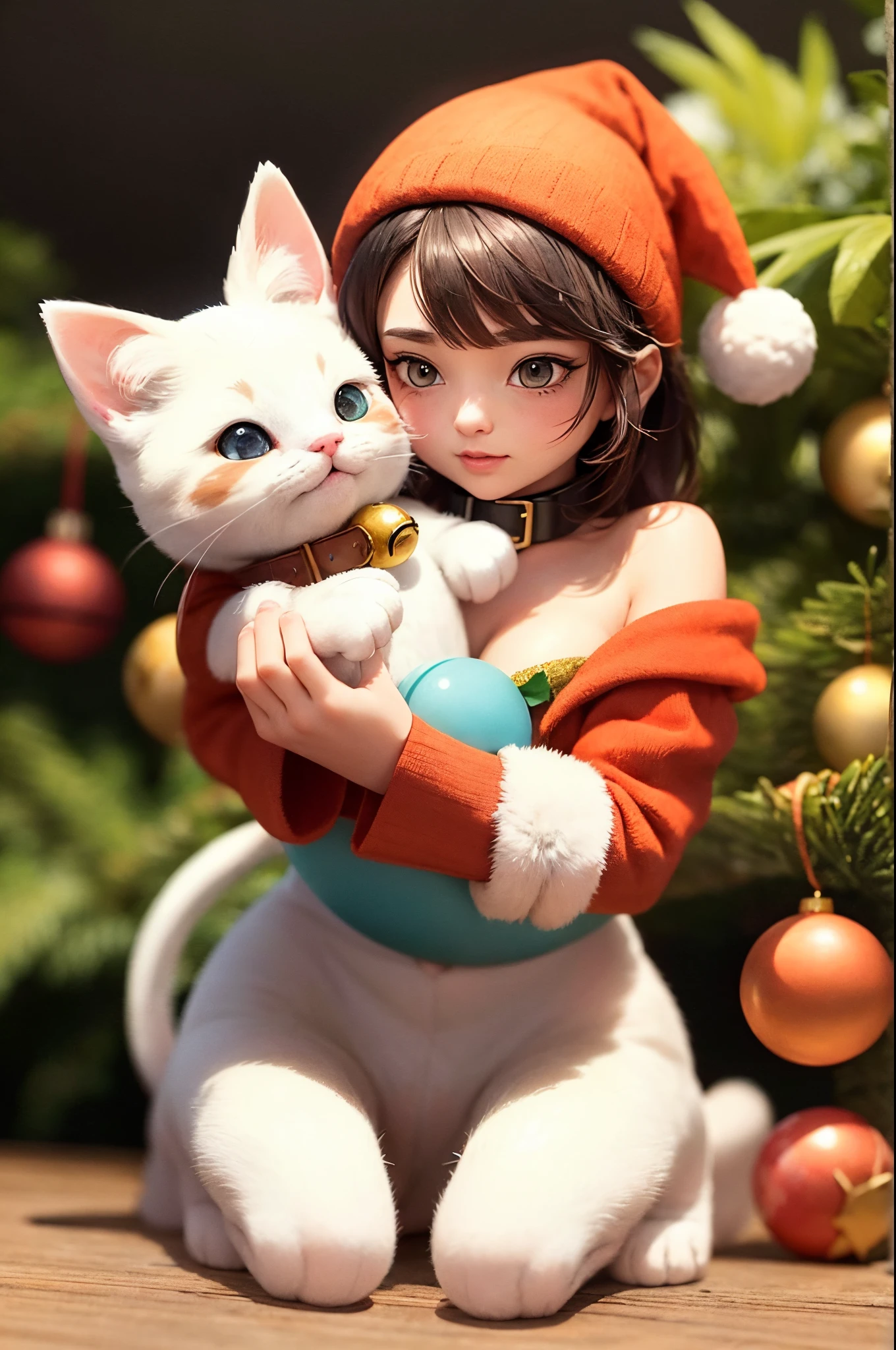 3D vector art、Calico cat、cat is wearing a christmas hat、cat has a bell'Collar、 cute christmas present, the cat is fluffy、Ultra-realistic high quality, Cute and quirky, Fantasy Art, Watercolor effect、girl hugging a cat