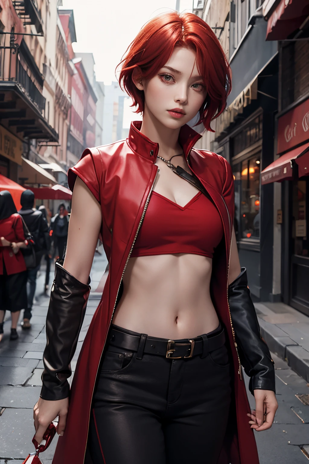 Female sorceress,red hair,short hair,red eye,red shirt,red sleeveless coat,black trousers