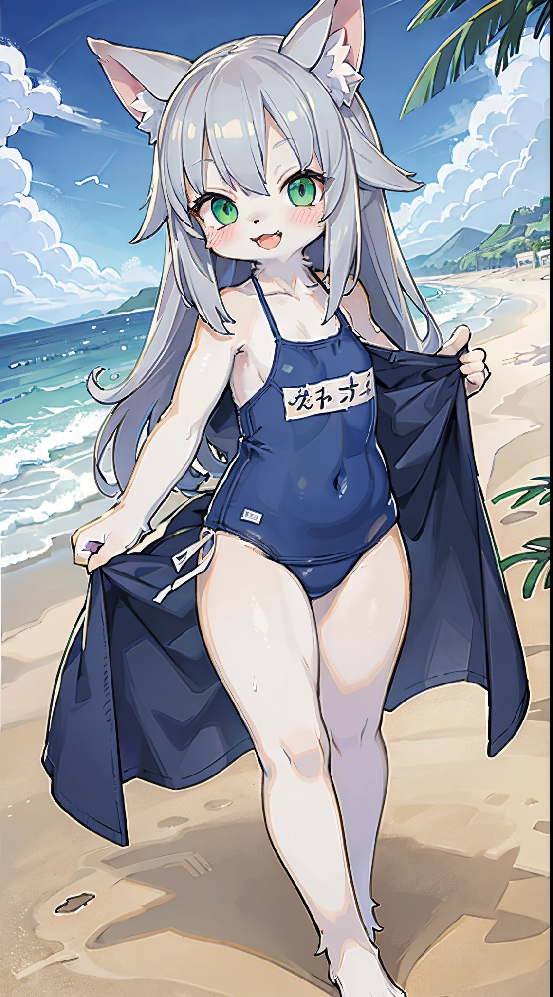 masterpiece,best quality,ultra detailed,8k,furry,petit girl,8 ,flat chest,smaller female,silver hair,long hair,straight hair,green eyes,smile,school swimsuit,happy,open mouth,action,beach,