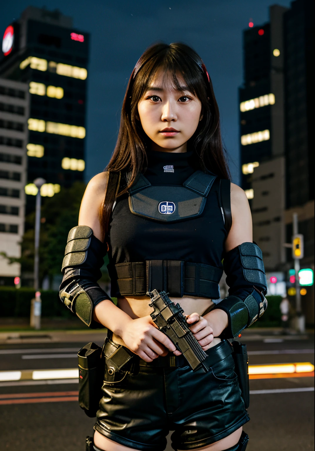 Japanese Girl Shooting a Handgun, Best Quality, masterpiece, Glock 17, Body Armor, megalopolis city, outdoor, midnight