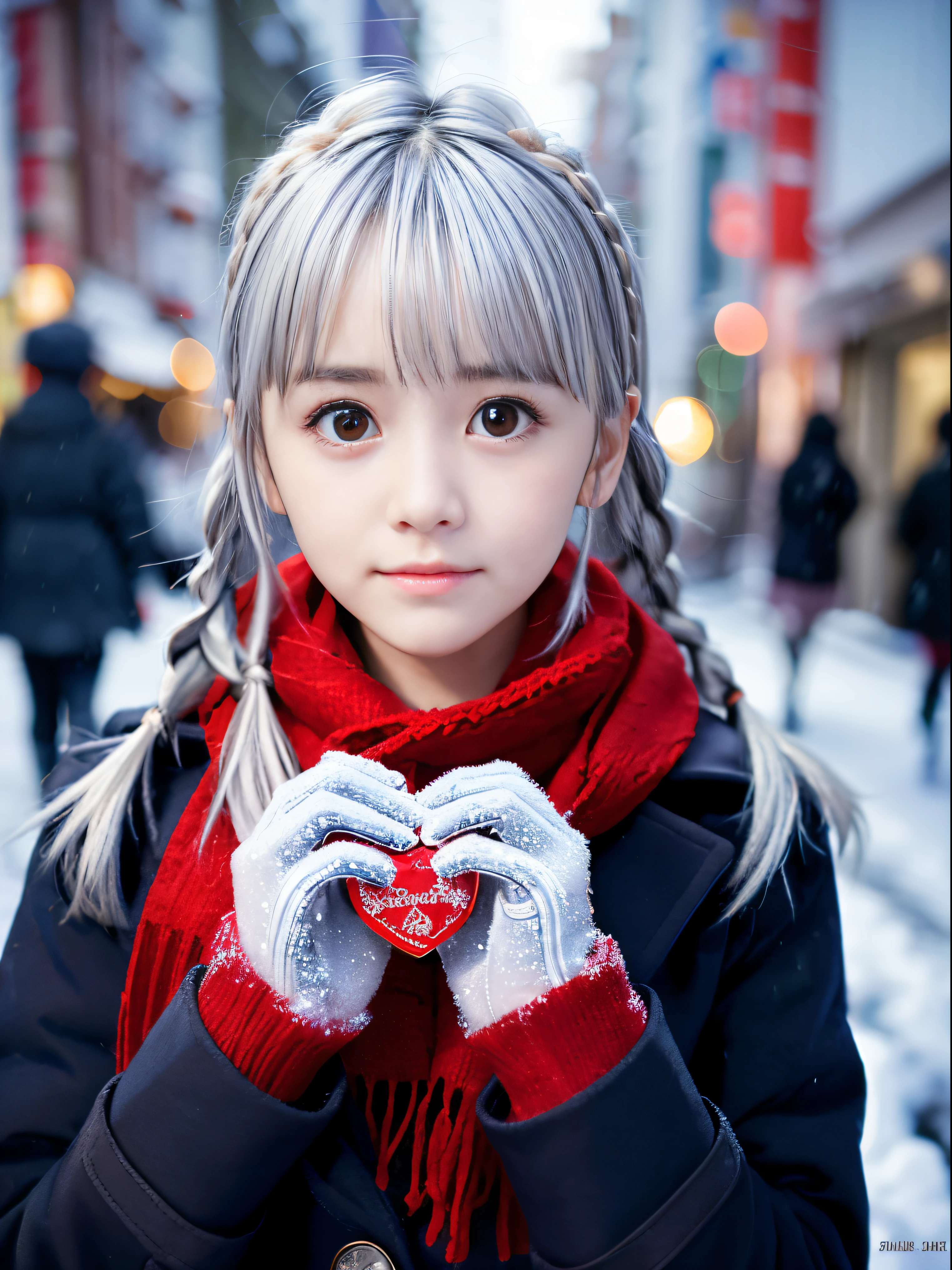 (Close up portrait of twin braid silver color hair girl in winter coat and red scarf:1.5)、(One girl hold a Valentine gift in her hands with gloves on the street in Japan at snowy night with sad face:1.5)、( Blurry background,:1.5)、(Perfect Anatomy:1.3)、(complete hands:1.3)、(complete fingers:1.3)、Photorealsitic、Raw photography、masutepiece、top-quality、hight resolution、delicate and pretty、face perfect、Beautiful detailed eyes、Fair skin、Real Human Skin、((thin legs))