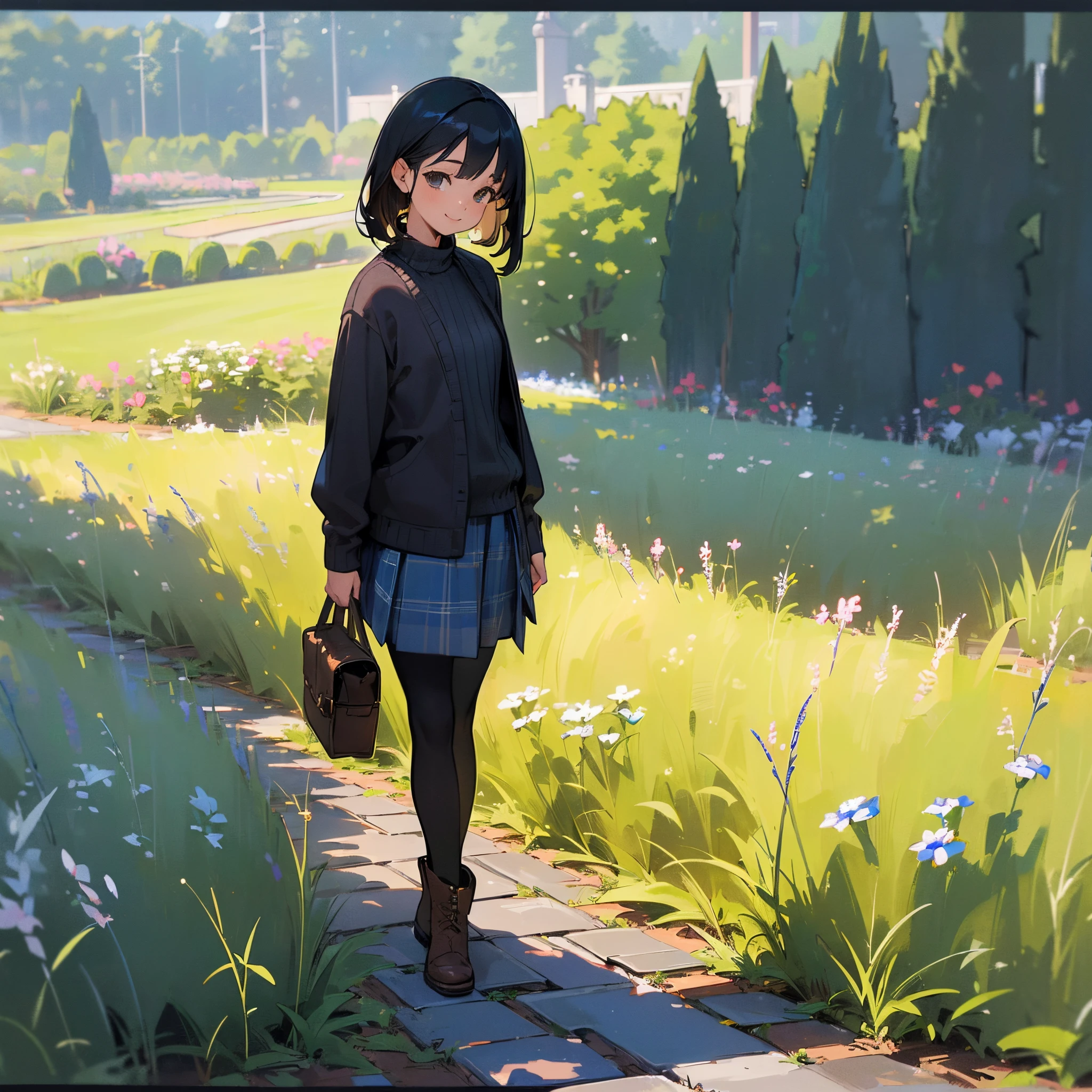 (High quality, High resolution, Ultra-detailed, Realistic:1.37), peaceful ambiance, (plein air, garden), girl standing alone, Beautiful detailed features, Cute smile, (Black bob hair), Ribbed sweater, blue plaid skirt, Black tights, Brown boots.