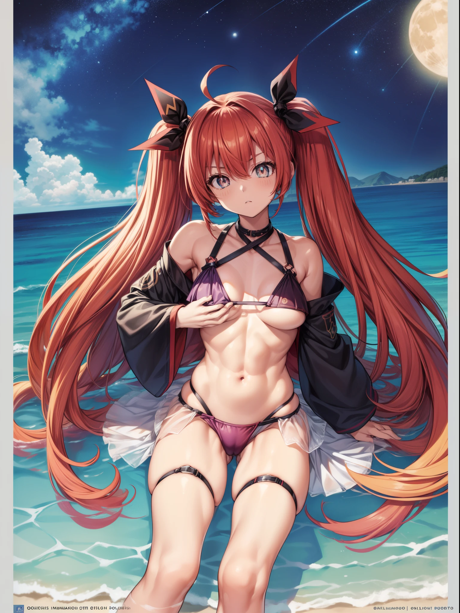 Kotoriitsuka, Kotori Itsuka, cabelos longos, (((olhos vermelhos:1.5))), red hair, Ahoge, (peito achatado:1.2), ((twintails)))(, fita de cabelo, fita preta, olhando para o espectador, beach scenery with starry sky and full moon in the sky, middle boobs, coxas musculosa, barriga musculosa, quadris largo, cintura fina, standing on her feet, barefoot, foto de corpo inteiro, (master part:1.2), best quality, high resolution, Unity 8k papel de parede, (illustration:0.8), (belos olhos detalhados:1.6), Rosto extremamente detalhado, perfect lighting, CG extremamente detalhado, (perfect hands, anatomia perfeita),