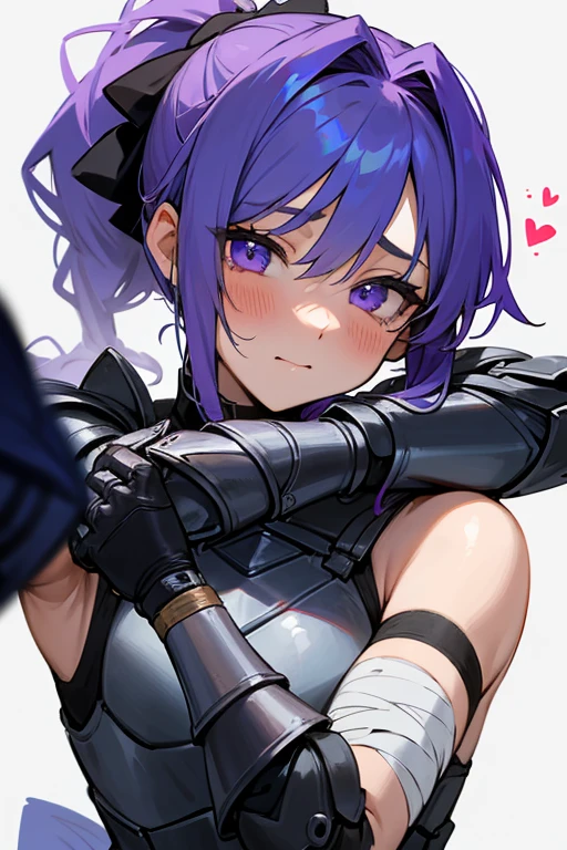 adult female; her name is Zea; hair tied up in a pony tail; enchanting violet irises; strong warrior; worn out from battle; armored; destroyed and damaged Armor; injured left arm; stretching out her left arm towards the viewer, who is bandaging her arm; she loves the viewer a lot but is shy to confess her feelings; soft smile and amorous look; feeling relieved and cared for; getting flustered and shy in an adorable manner; really loves the viewer and doesn't want to mess this up; touched by the viewer's gestures; surreal