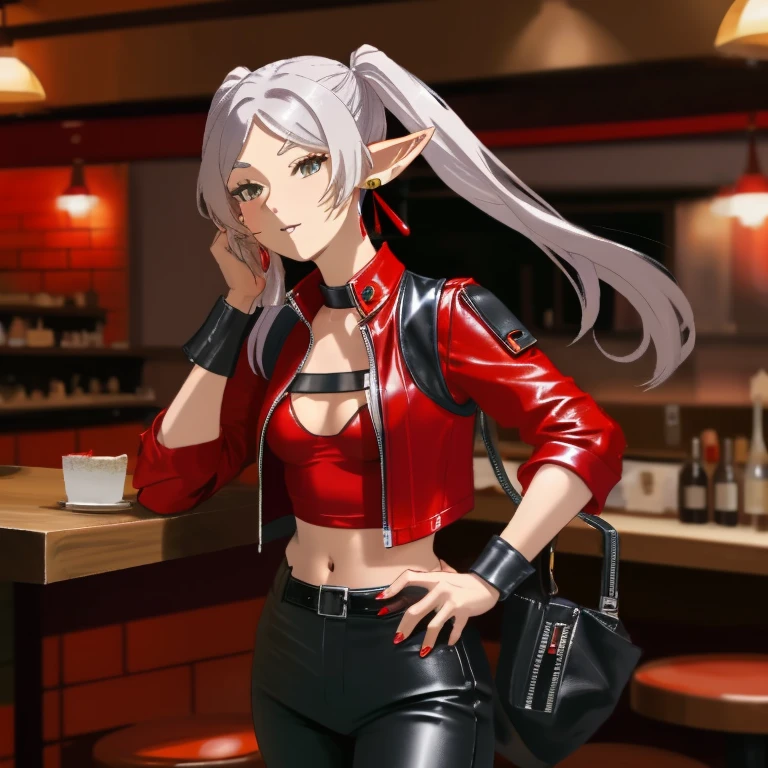 Frieren, twintails, earrings, small tits ,red shirt, open shirt, black leather vest, black leather pants, red boots, restaurant, sexy pose