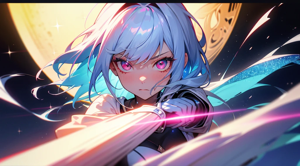 (Fine, sharp images, super resolution, extremely amazing detail, awesome detail), subsurface scattering, masterpiece, best quality, high quality, anatomically correct, textured skin, super detail, high detail, high quality, high quality, award-winning, best quality, high resolution, 1girl, solo, bust, straight eye, prism eye, prism hair, prism, serious, [silver|white] + (blue: -0.3) hair, blue + red eyes, gradient eyes, multicolored eyes, calm, small breasts, Short jacket, glowing eyes, glowing white grain, glitter, bloom, fantasy, cave
