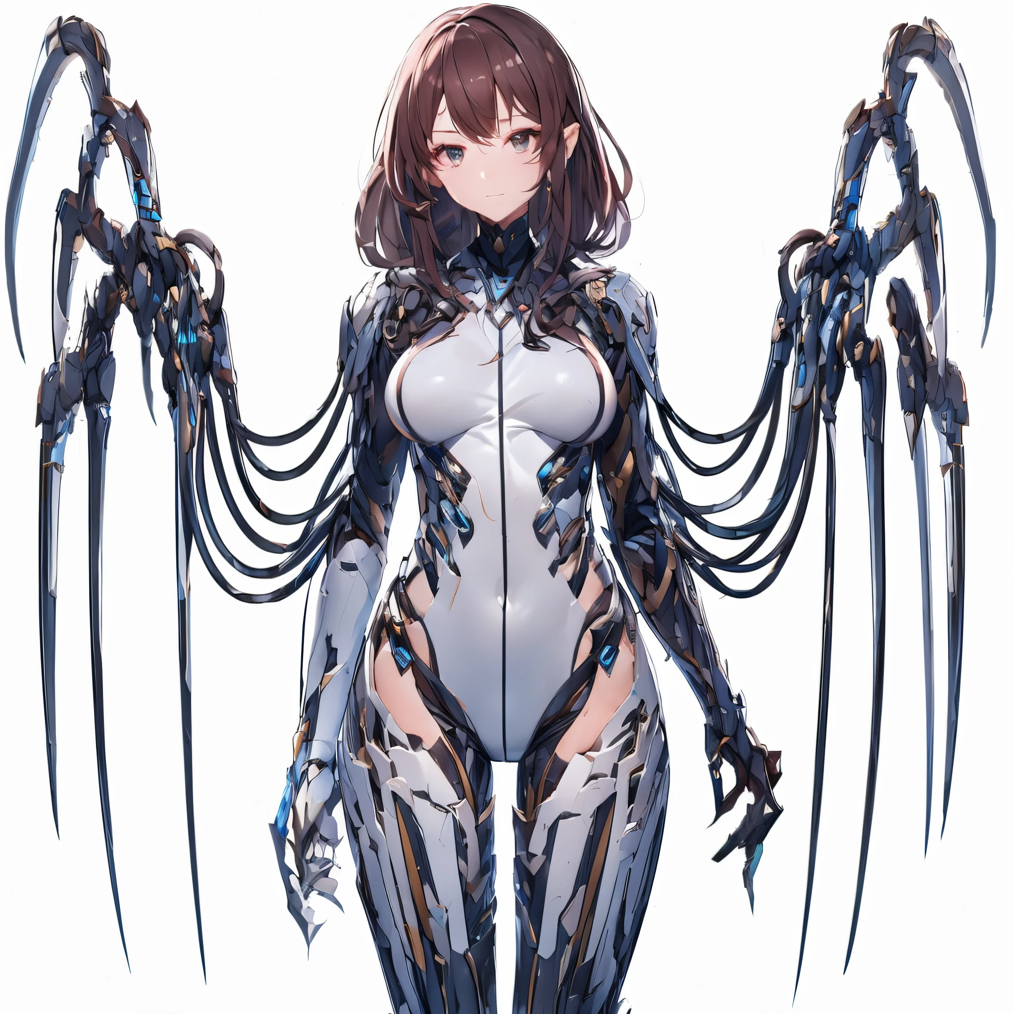 Girl in a bodysuit. she is the only woman. She is biological armor. Crystals shining in costume. He has a sickle-shaped weapon in both hands.. Full body image.