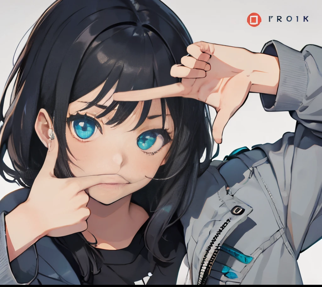 (masutepiece:1.2, Best Quality), 1 girl in, Turquoise eyes, front facing, jet-black hair, Jacket,(Gray white background:1.7), Both hands are in a finger frame pose,