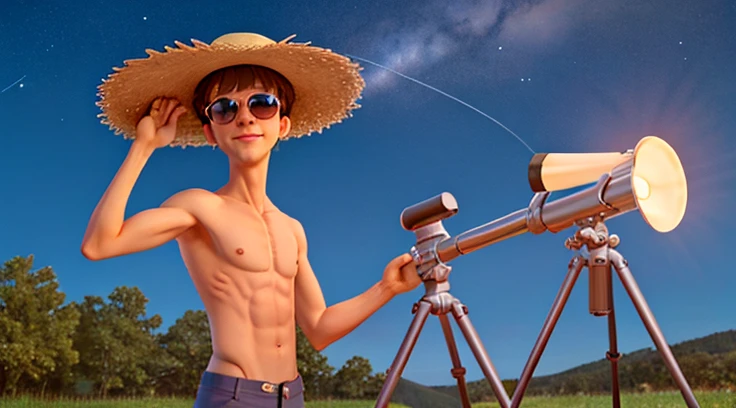 Slim man in straw hat with crab hand shirtless and sunglasses, looking at the sky with a telescope, tripod the sky astronomy, nebulosa