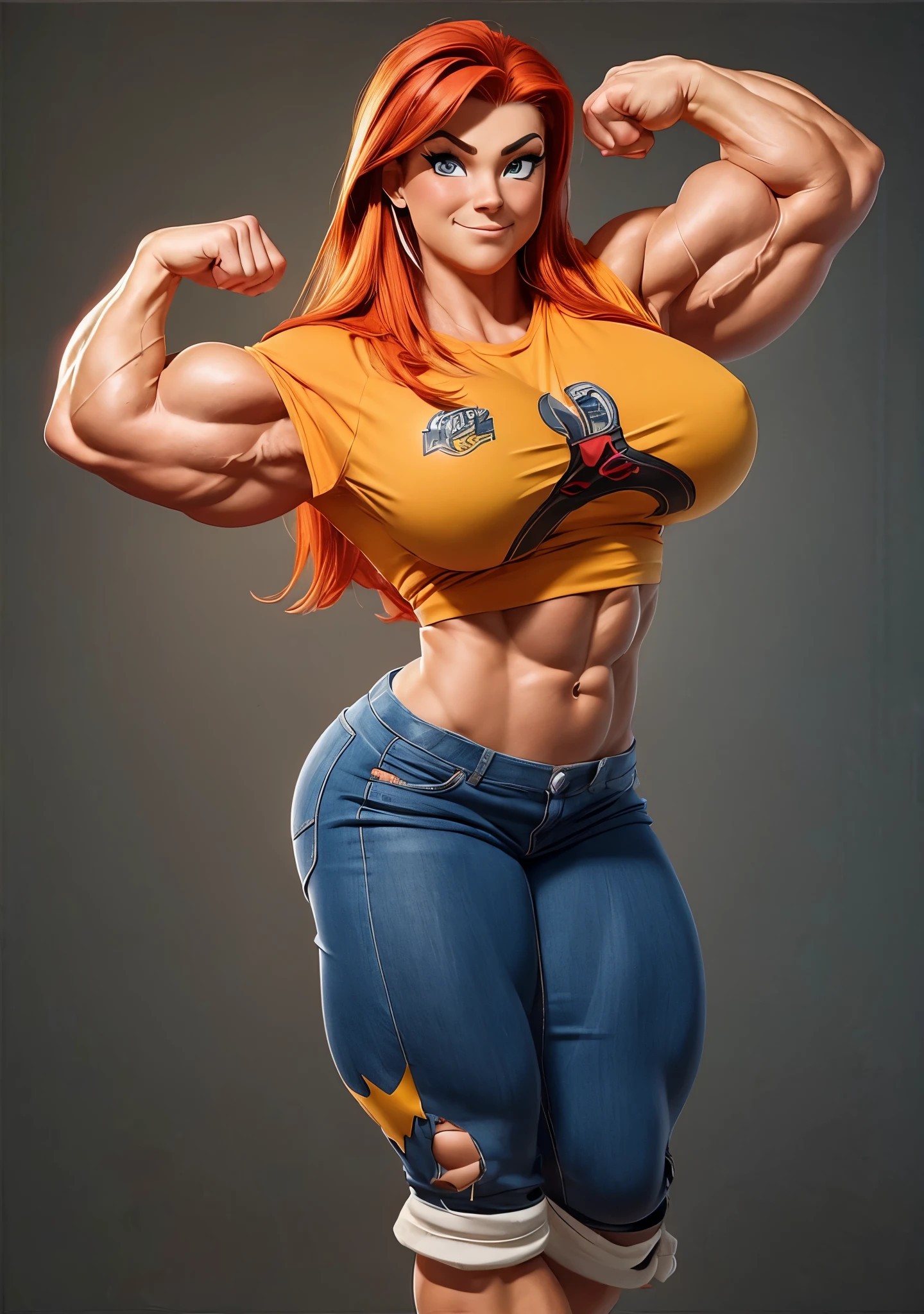 a cartoon of a young red-headed woman with a muscular body and a yellow shirt, muscular girl, muscular character, bursting with muscles, huge muscles, big muscles, massive muscles, large muscles, muscular!!, strong pose, muscular, muscular ultraviolent woman, strong and imposing, strong and muscular, exaggeratedly large physique, big biceps, bodybuilder, muscled, ((((Huge Muscle))))