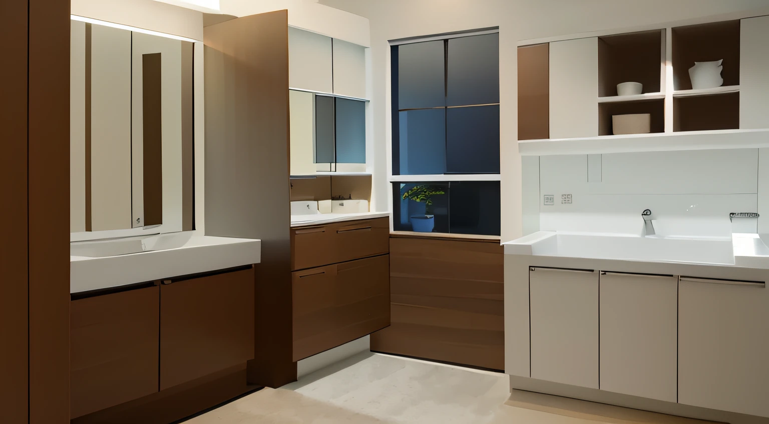 best quality, illustration, JML, scenery, indoors, sink, window, washing machine, clock, cabinet, door, night,