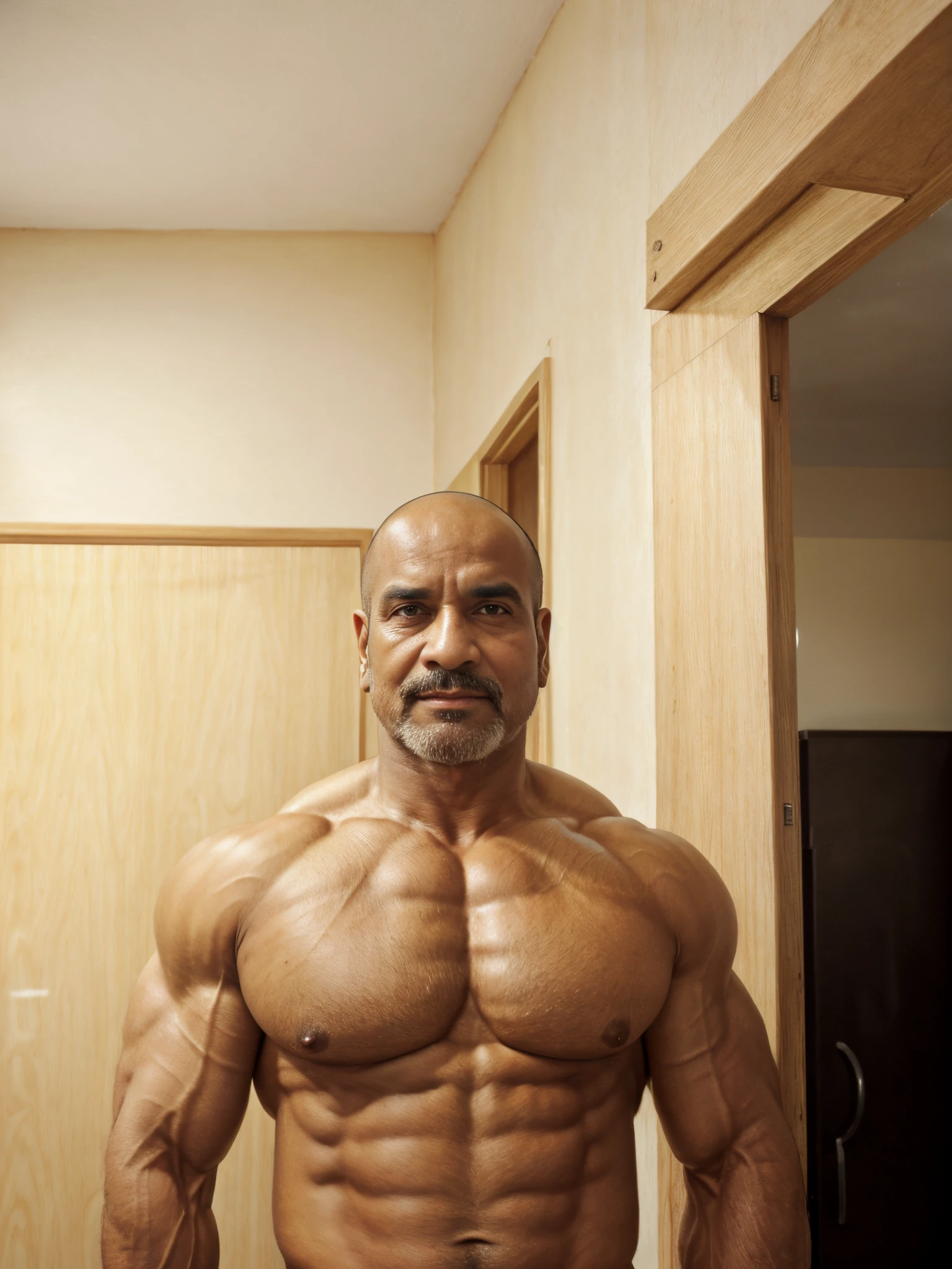 A handsome mature old Indian dad with a massive beard and no shirt standing in front of a door,baldy haircut, hyper muscular, pumped, roids, huge pecs, arms, biceps, shoulders, male focus, centered, tan skin, bodybuilder, meticulous muscle definition, detailed face, big sexual energy, (38 years old)