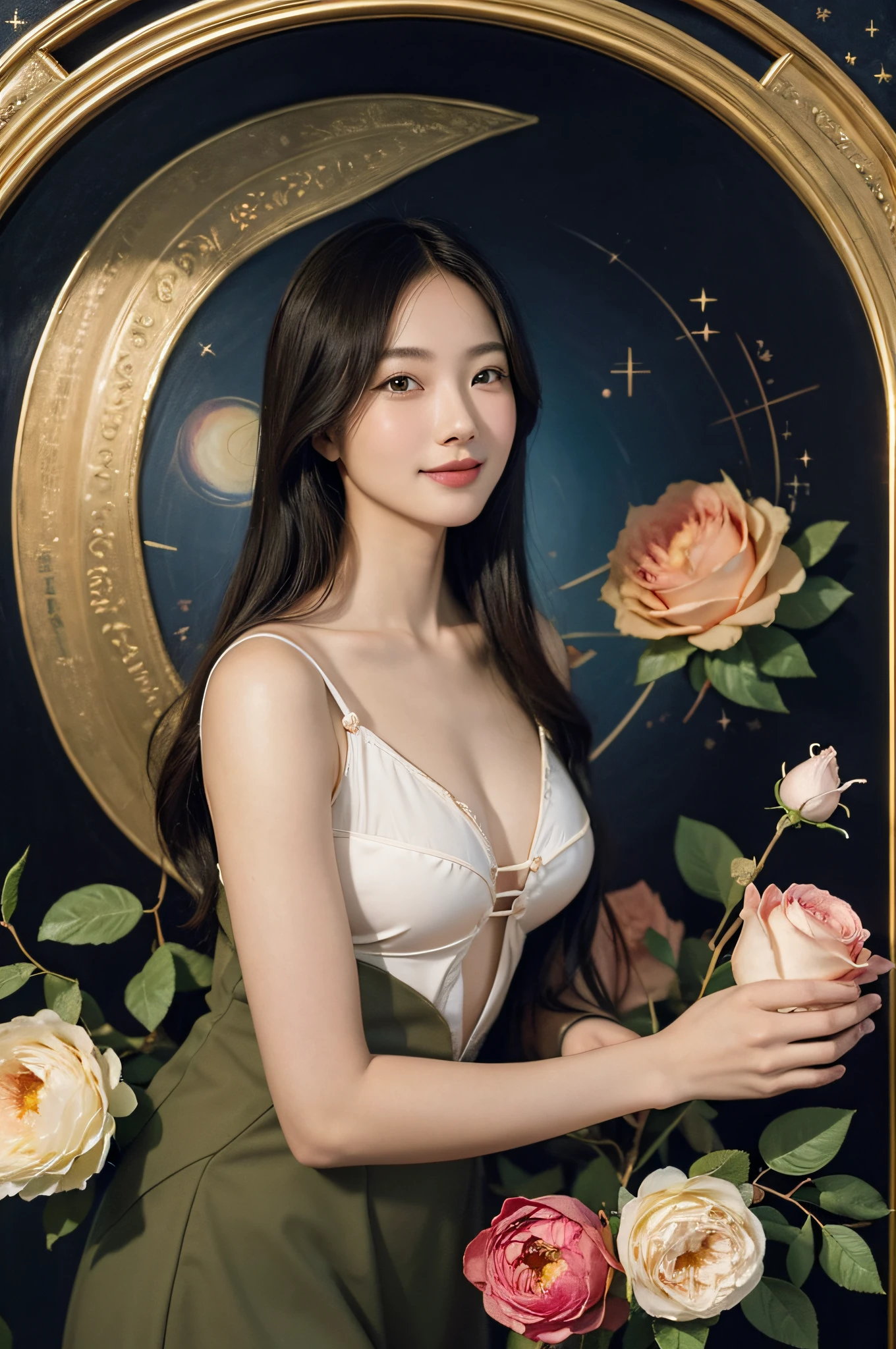 Geometry,stain glass,12 zodiac signs,Vigée Leblanc style,Math、Astronomical utensils,astronault,Roses in a vase,fruits,cute little,A smile,Ancient Greek costumes,Paintings by Sandro Botticelli,Costume with stretched shoulders,huge smile,large full breasts,Ecstasy expression,A sexy,Beautiful bare skin