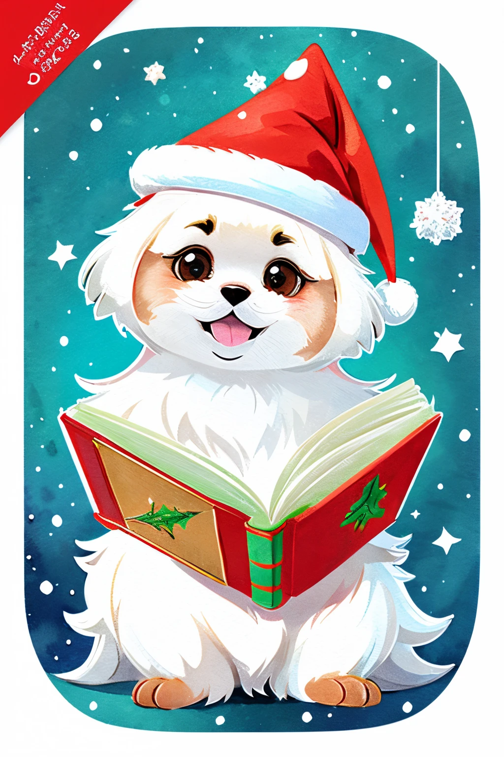 3D vector art、Colorful cute white pekingese dog、Wearing a Christmas hat and holding a book。, cute christmas present, Ultra-realistic high quality, Cute and quirky, Fantasy Art, Watercolor effect