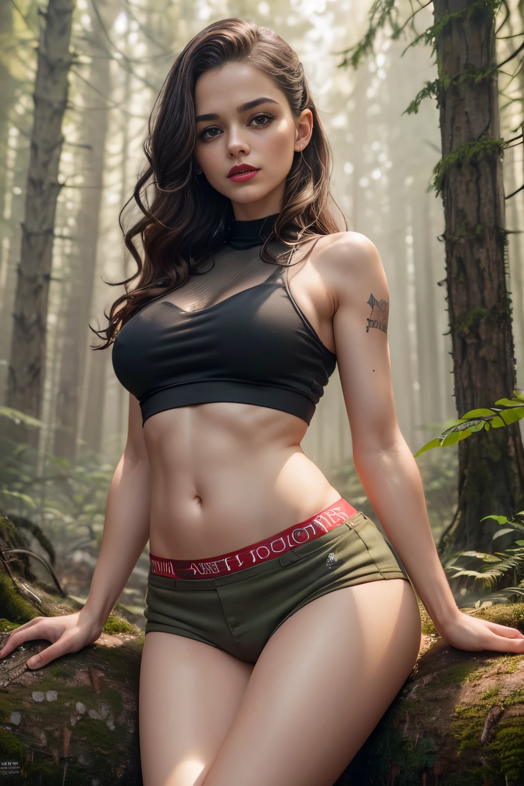 Rachel Zegler,red lipstick,petite cute,minishort,cute belly, army too,snake tattoo,hiding in winter forest,dirty clothes,thirsty,danger,tired,(best quality,4k,8k,highres,masterpiece:1.2),ultra-detailed,(realistic,photorealistic,photo-realistic:1.37),portraits,vivid colors,warm tones,ethereal lighting.