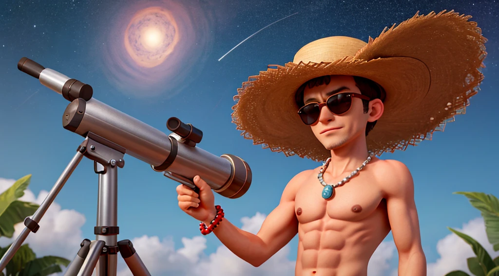 Slim man with straw hat, with a shirtless crab hand and sunglasses and beaded necklaces, looking at the sky with a telescope, tripod the sky astronomy, nebulosa