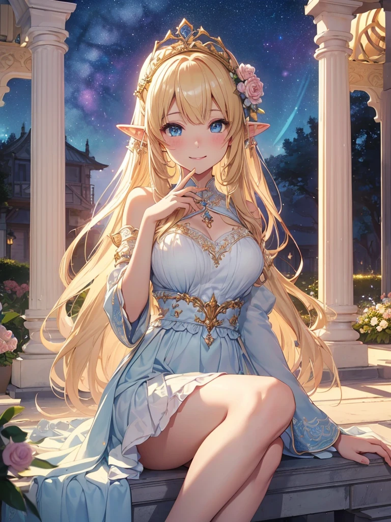 top-quality、Top image quality、​masterpiece、Elven Beauty、smiling while holding a bouquet of roses((24 year old、Best Bust、big bast、Bust 90,Beautiful blue eyes、,Blonde long hair、A slender、a closeup、Esbian、beautiful tiara、hiquality、Beautiful Art、Background with((starrysky)))masutepiece、visualart、depth of fields、morning、sunrises、Elven ears、、mid night、harp melody🎵、Happy smile、Gentle light、、Beautiful skins、beutiful breast、beautiful foot、welcome、、accurate fingers、Exact finger count、nffsw、Beautiful dress、Mystical　　In the flower garden、flower  field、、the woods、Marble pillars、Sit up