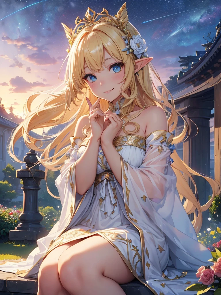 top-quality、Top image quality、masterpiece、Elven Beauty、smiling while holding a bouquet of roses((24 year old、Best Bust、big bast、Bust 90,Beautiful blue eyes、,Blonde long hair、A slender、a closeup、Esbian、beautiful tiara、hiquality、Beautiful Art、Background with((starrysky)))masutepiece、visualart、depth of fields、morning、sunrises、Elven ears、、mid night、harp melody🎵、Happy smile、Gentle light、、Beautiful skins、beutiful breast、beautiful foot、welcome、、accurate fingers、Exact finger count、nffsw、Beautiful dress、Mystical In the flower garden、flower field、、the woods、Marble pillars、Sit up